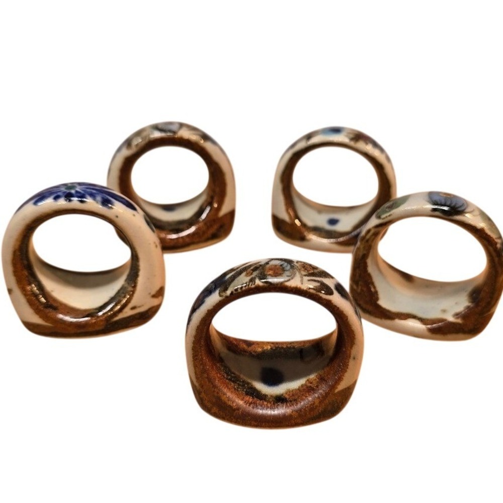 Set of 5 Mexican Tonala Ceramic Folk Art Napkin Rings Glazed 2"